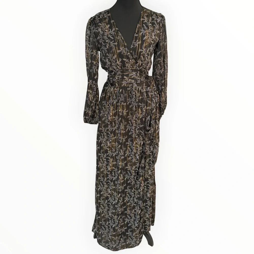 BTFL‑Life Black Gold Metallic Floral Wrap Maxi Dress Long Sleeve Slit Size Small
